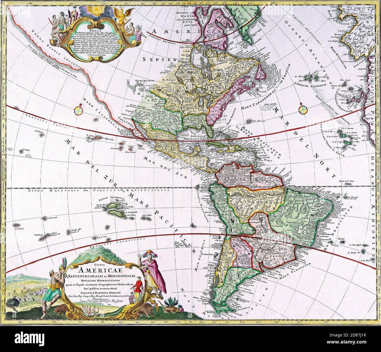 Ancienne carte 'America by Homann' TOTIUS AMERICAE SEPTENTRIONALIS et MERIDIONALIS NOVISSIMA REPRAESENTATIO. Johann Baptist Homann (*1664 - †1724) Banque D'Images