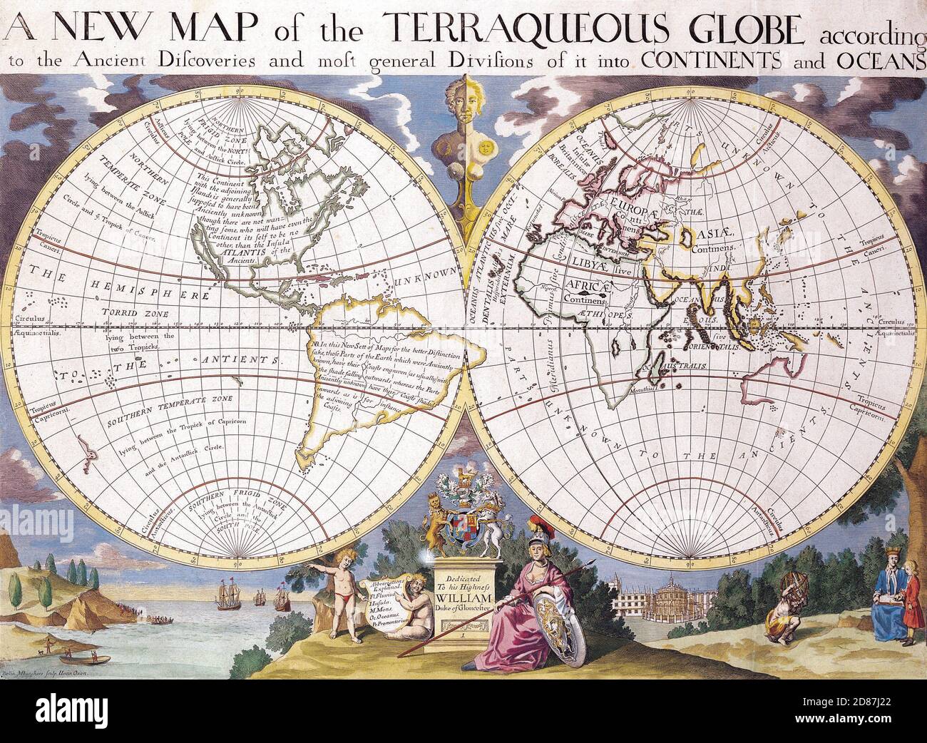 Une nouvelle carte du Terraqueous Globe. Ancienne carte du monde illustrée, style vintage plein de détails Banque D'Images