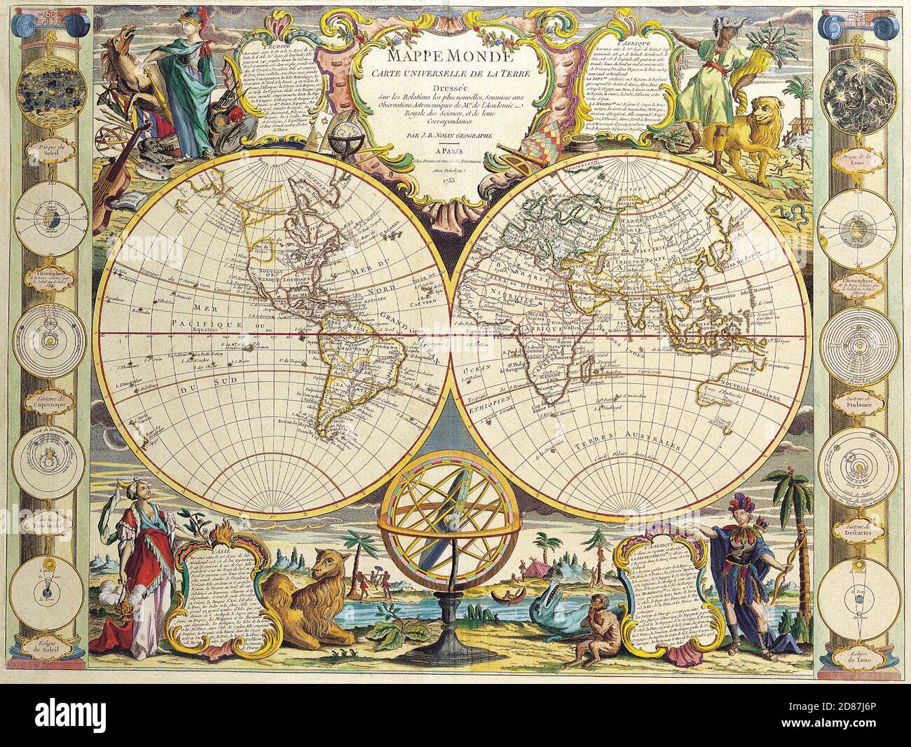 Ancienne carte du monde illustrée, style vintage plein de détails Banque D'Images