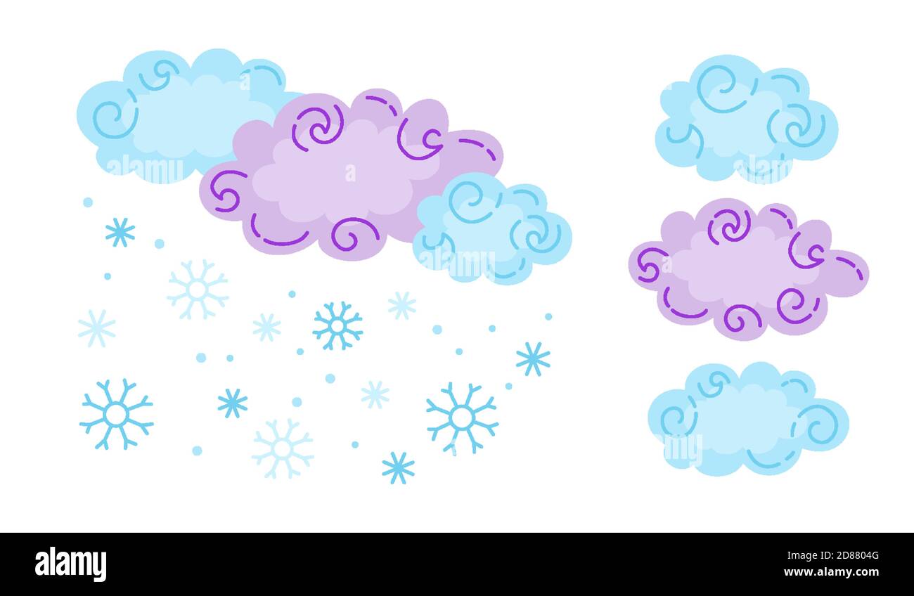 Nuages neige et nuageux, flocons de neige. Collection météo de dessins animés. Jolis symboles de prévisions météorologiques dessinés à la main. Panneaux infographiques météorologiques. Illustration vectorielle Illustration de Vecteur
