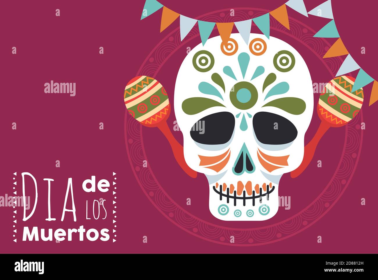 affiche dia de los muertos avec tête de crâne et maracas illustration