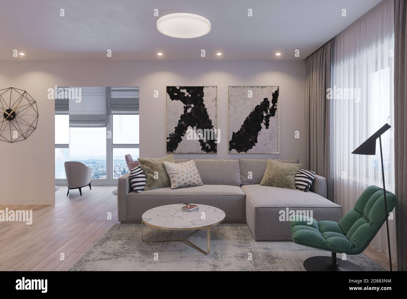 rendu 3d d'un salon moderne avec un canapé d'angle. Décoration intérieure dans le style du minimalisme scandinave Banque D'Images