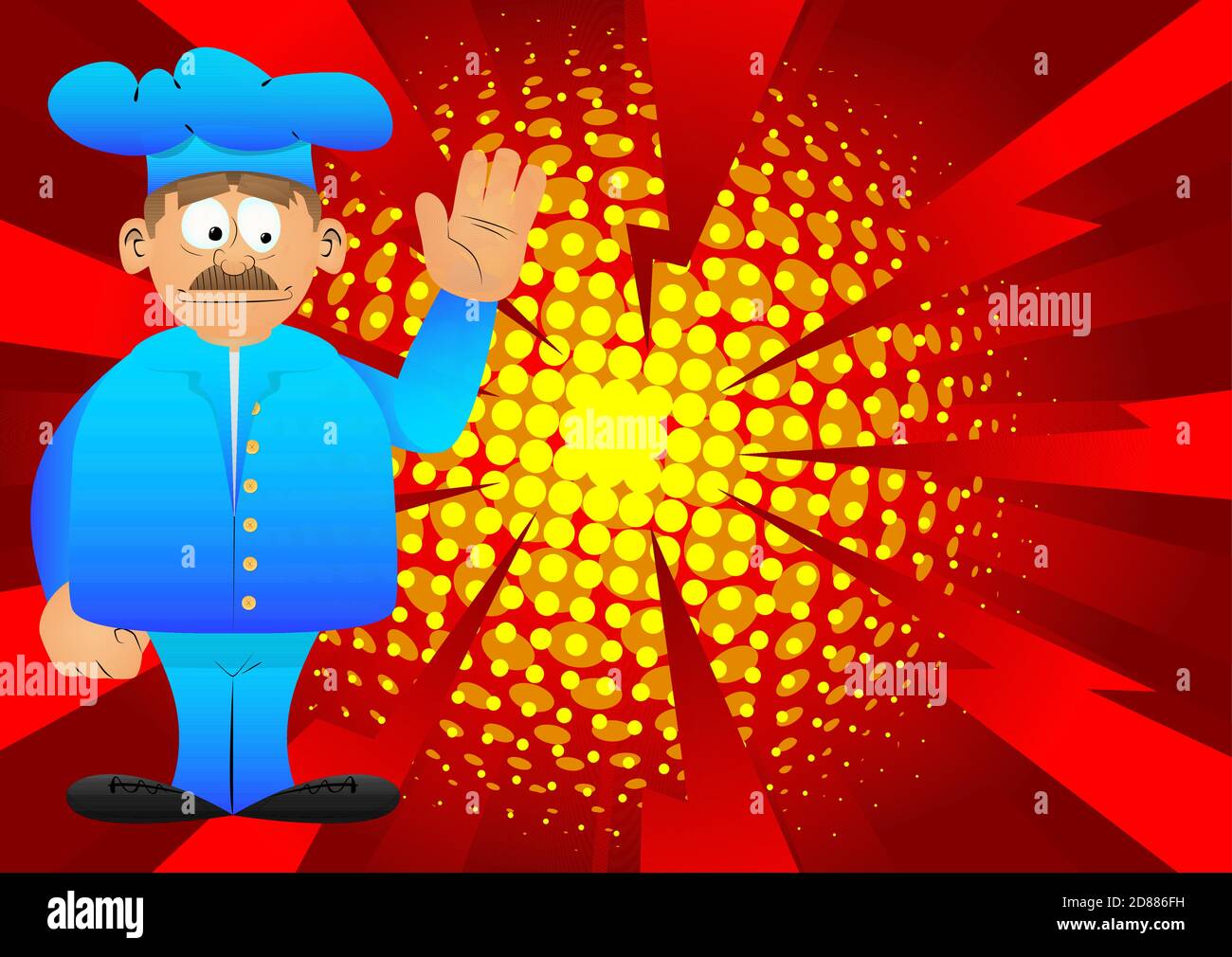 Chef de dessin animé masculin gras en uniforme avec main ondulée. Illustration vectorielle. Illustration de Vecteur