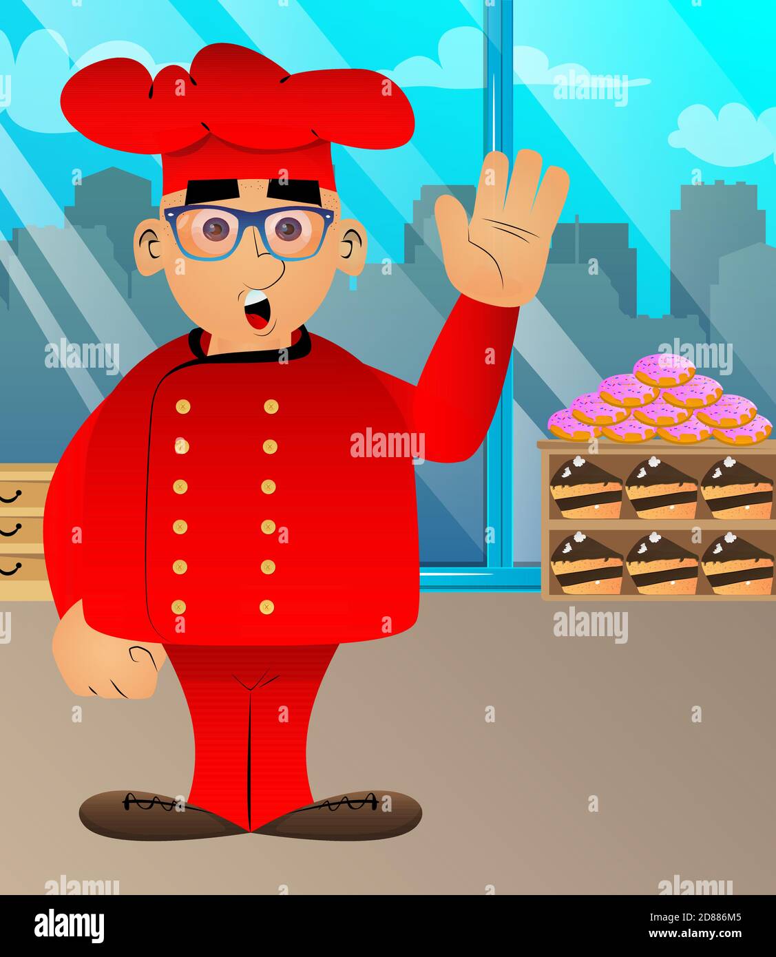 Chef de dessin animé masculin gras en uniforme avec main ondulée. Illustration vectorielle. Illustration de Vecteur