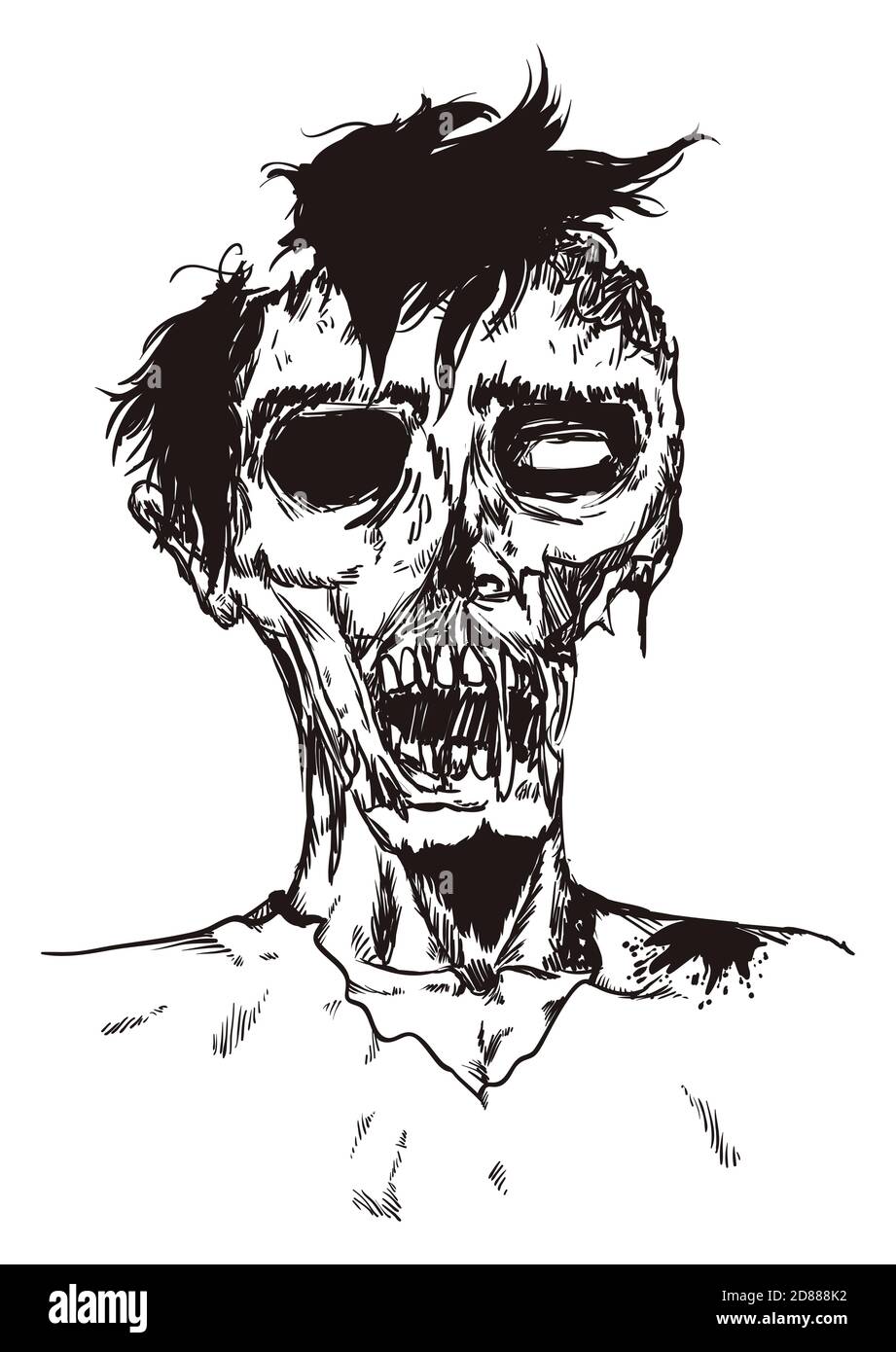 Portrait de zombie masculin avec visage pourri et mordu, dessiné à la main, sur fond blanc. Illustration de Vecteur