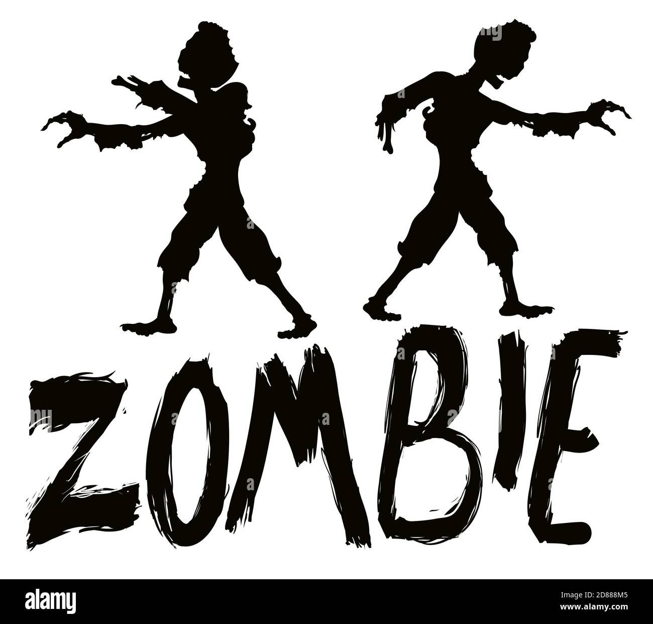 Silhouettes sombres de zombies marchant avec des parties du corps manquantes et enseigne peinte avec coups de pinceau. Illustration de Vecteur