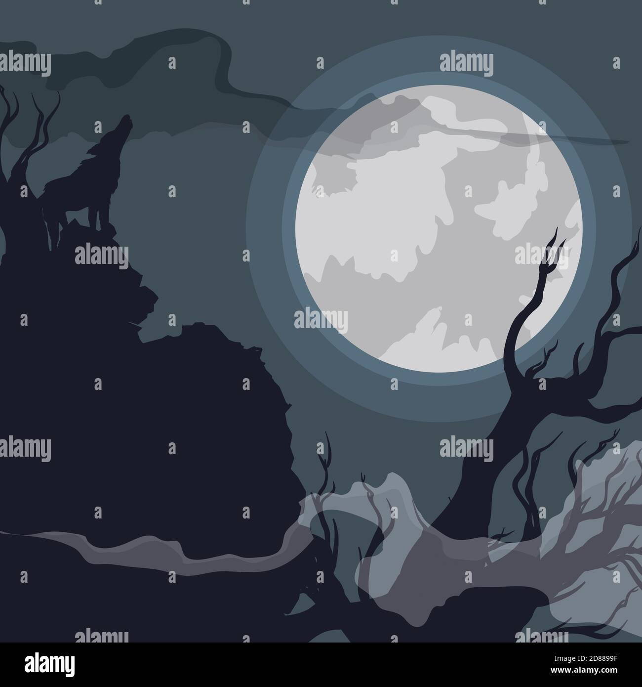 Nuit effrayante dans une forêt avec la brume et le loup hurlant à la pleine Lune. Illustration de Vecteur