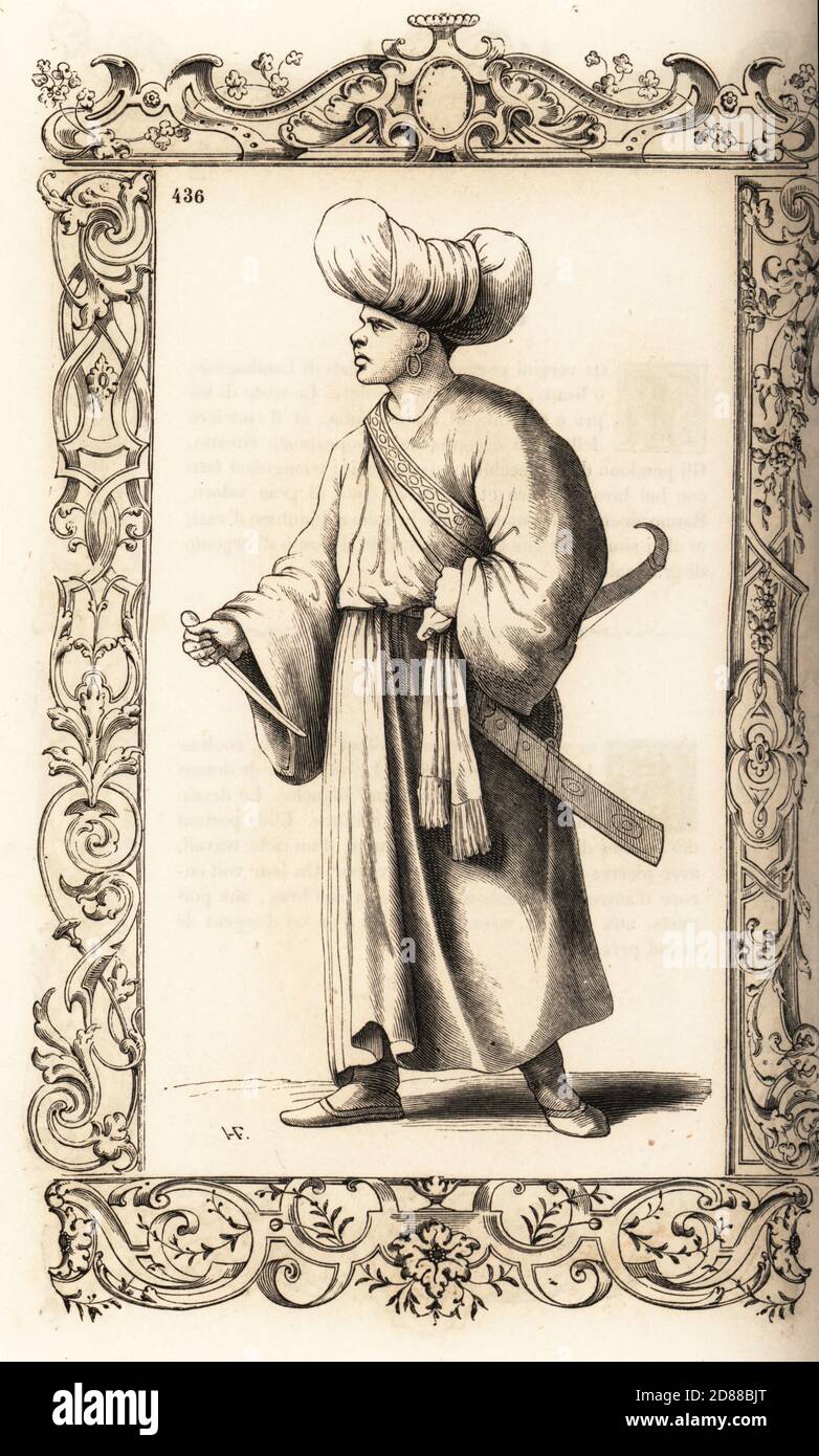 Costume d'un homme mauresque de qualité, XVIe siècle. Dans une chemise à  manches larges avec ceinture à rayures, grande turban, pantoufles, boucles  d'oreilles dorées, avec poignard, scimitar et noeud et flèches. Dans