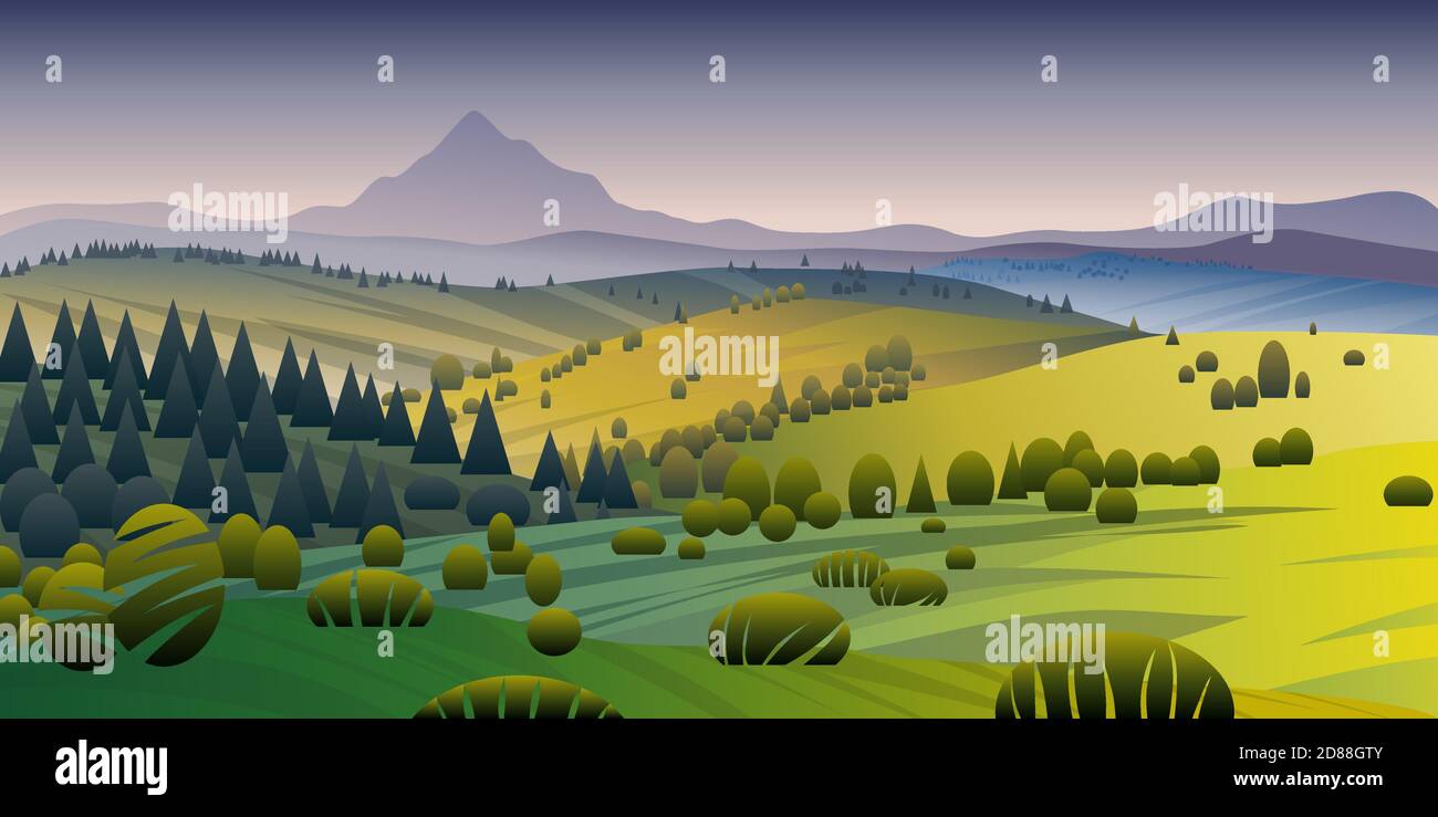 Arrière-plan vectoriel de paysage magnifique avec des collines vertes, champs et prairies, arrière-plan dans le style de dessin animé plat - illustration de paysage polygonal. Illustration de Vecteur