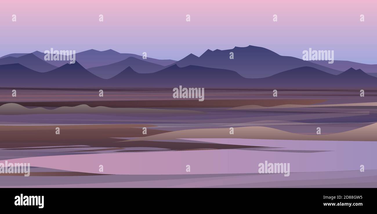 Arrière-plan vectoriel d'un magnifique paysage de dessert rose avec des collines, arrière-plan en style de dessin animé plat - illustration de paysage polygonal. Illustration de Vecteur