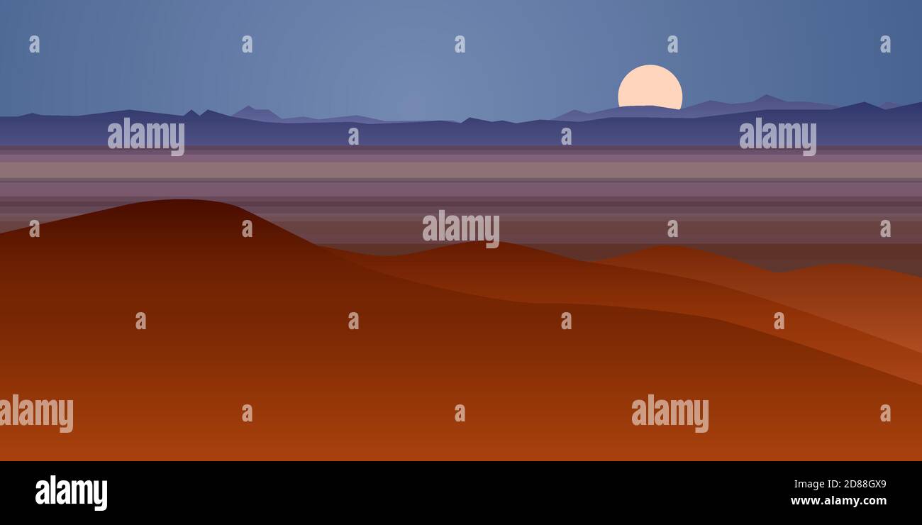 Arrière-plan vectoriel d'un magnifique paysage de nuit désertique avec des collines, arrière-plan en forme de dessin animé plat - illustration de paysage polygonal. Illustration de Vecteur
