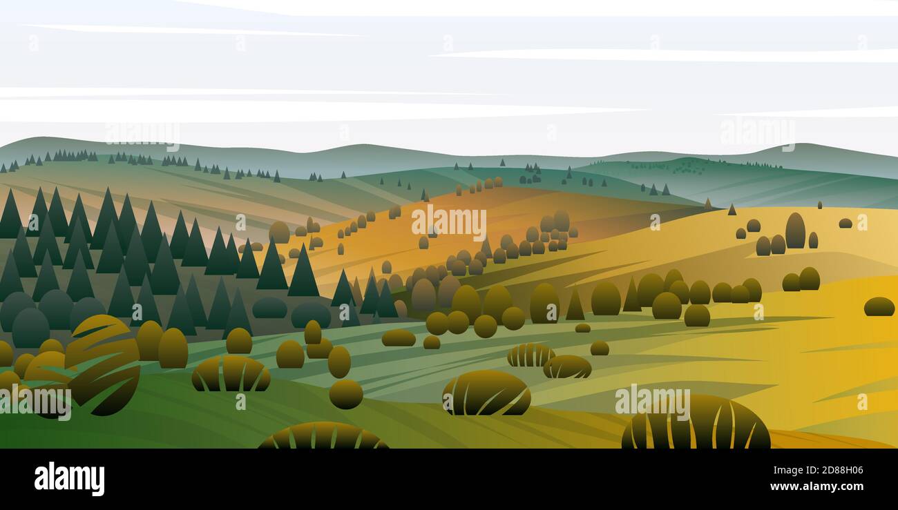 Arrière-plan vectoriel de paysage magnifique avec des collines vertes, champs et prairies, arrière-plan dans le style de dessin animé plat - illustration de paysage polygonal. Illustration de Vecteur