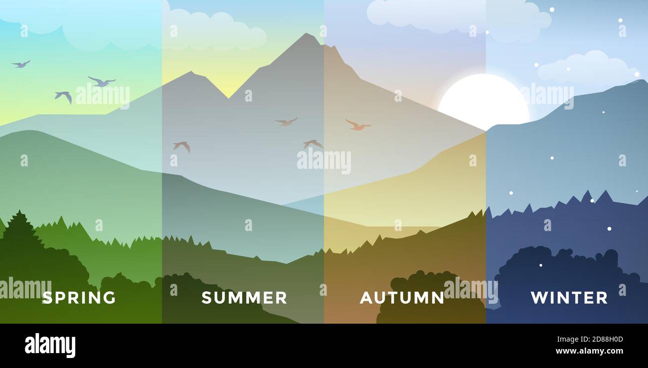 Ensemble de quatre saisons - printemps, été, automne, hiver. Fond vectoriel de paysage magnifique avec collines vertes, ciel bleu de couleur vive. Arrière-plan dans Illustration de Vecteur