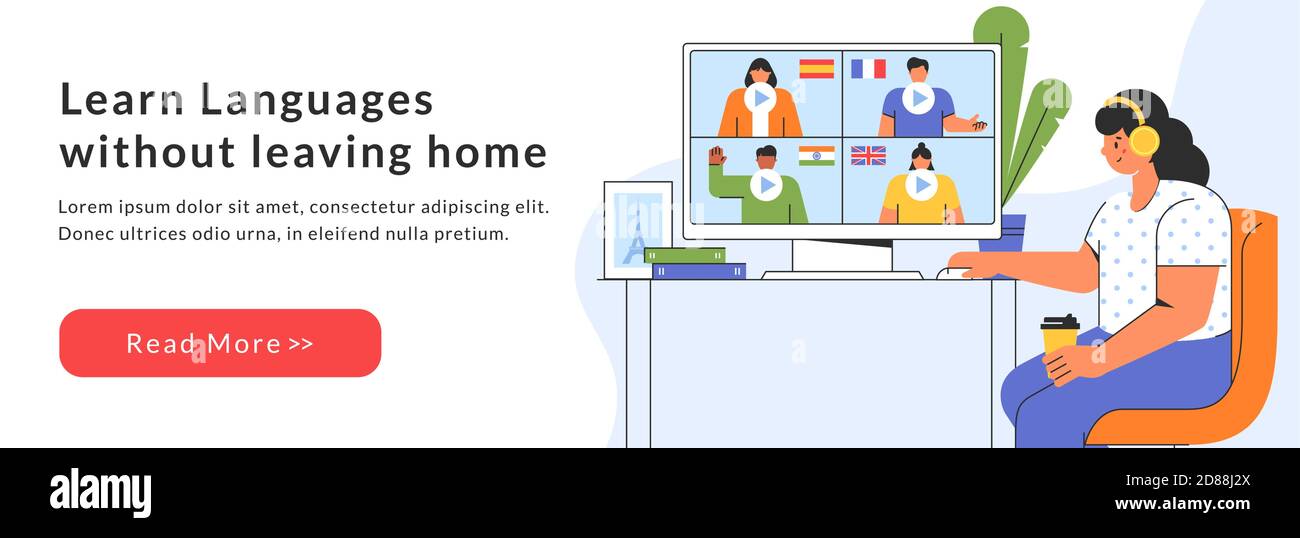 Bannière Web d'éducation à distance en ligne. Fille choisit un cours pour étudier une langue étrangère sur le site Web. E-learning à la maison. Modèle vectoriel Illustration de Vecteur