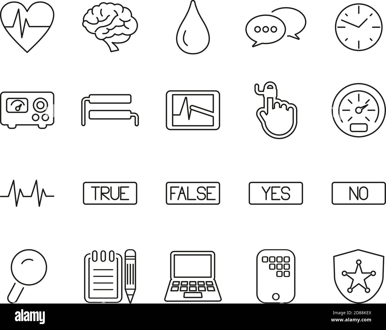 Icônes de test du détecteur lie ou de test du polygraphe noir et blanc Jeu de lignes fines grandes Illustration de Vecteur