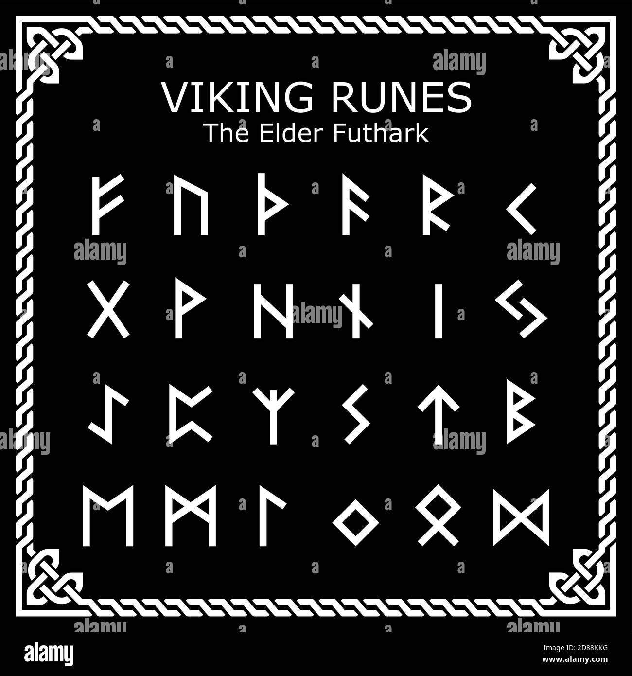 Viking Runes The Elder Futhark, motif vectoriel cadre celtique - blanc sur fond noir Illustration de Vecteur