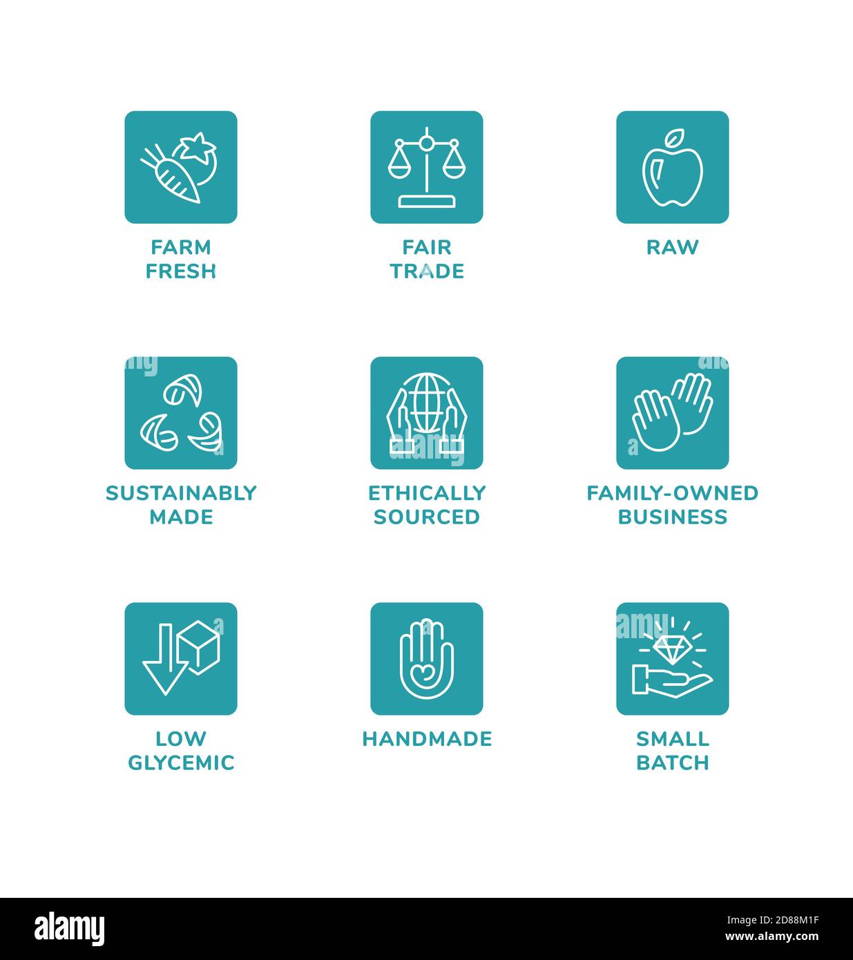 Ensemble vectoriel d'éléments de conception, modèle de conception de logo, icônes et badges pour produits et cosmétiques naturels et biologiques. Fait à la main, Commerce équitable, brut, éthique Illustration de Vecteur