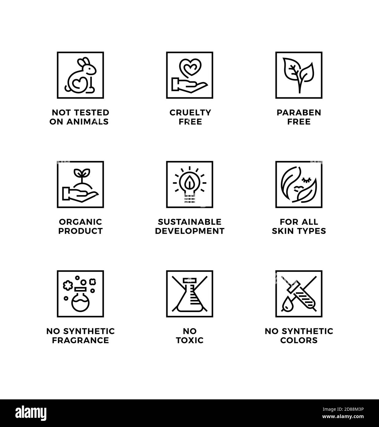 Ensemble vectoriel d'éléments de conception, de logo, d'icônes de modèle et de badges pour des cosmétiques naturels et biologiques. Sans cruauté, non testé sur les animaux, paraben f Illustration de Vecteur