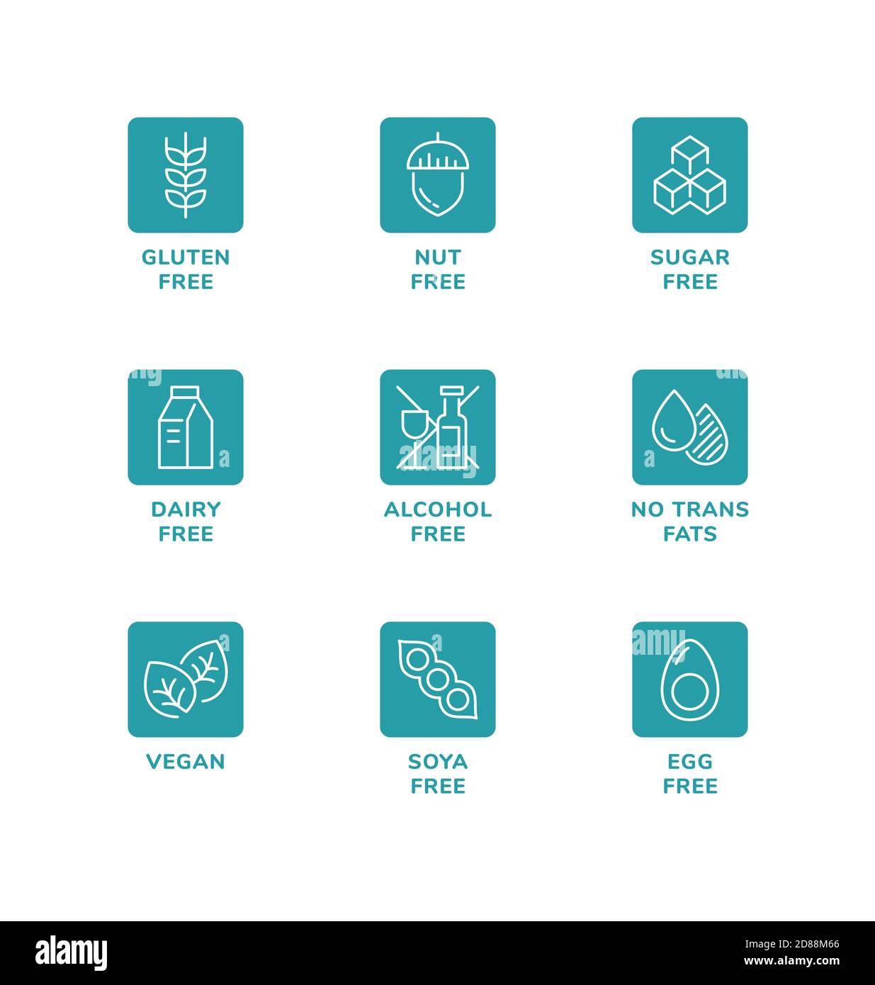 Ensemble vectoriel d'éléments de conception, modèle de conception de logo, icônes et badges pour un emballage alimentaire sain sans allergènes. Jeu d'icônes de ligne, contour modifiable. Illustration de Vecteur