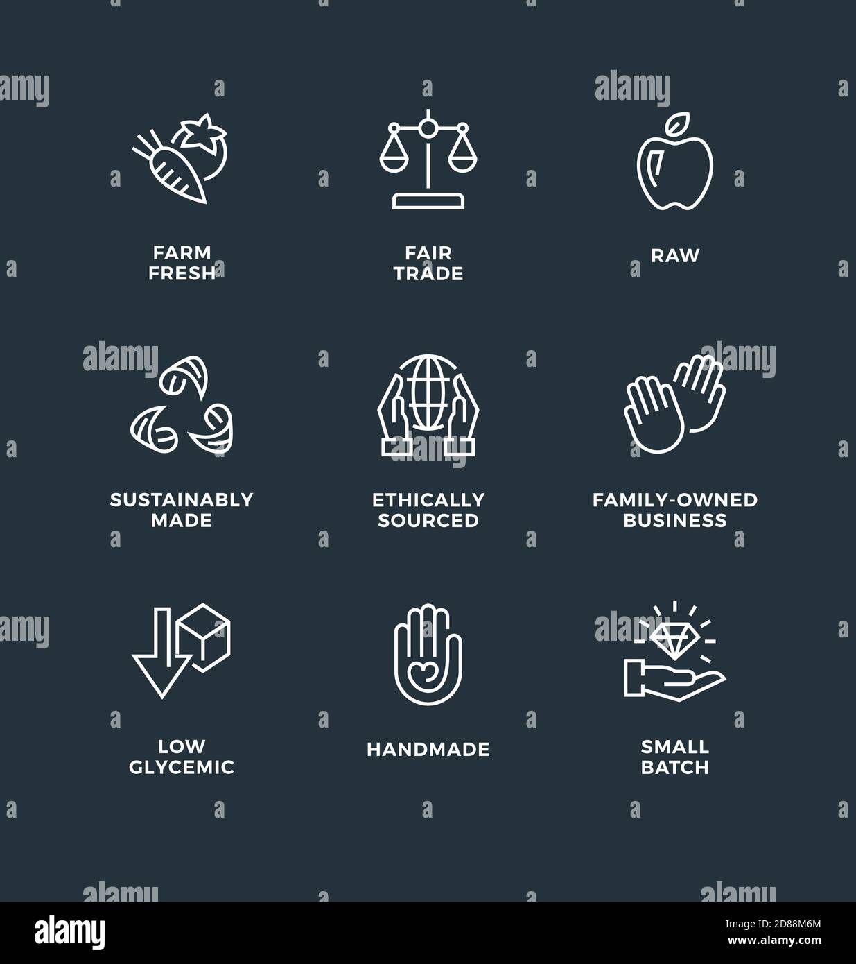 Ensemble vectoriel d'éléments de conception, modèle de conception de logo, icônes et badges pour produits et cosmétiques naturels et biologiques. Fait à la main, Commerce équitable, brut, éthique Illustration de Vecteur