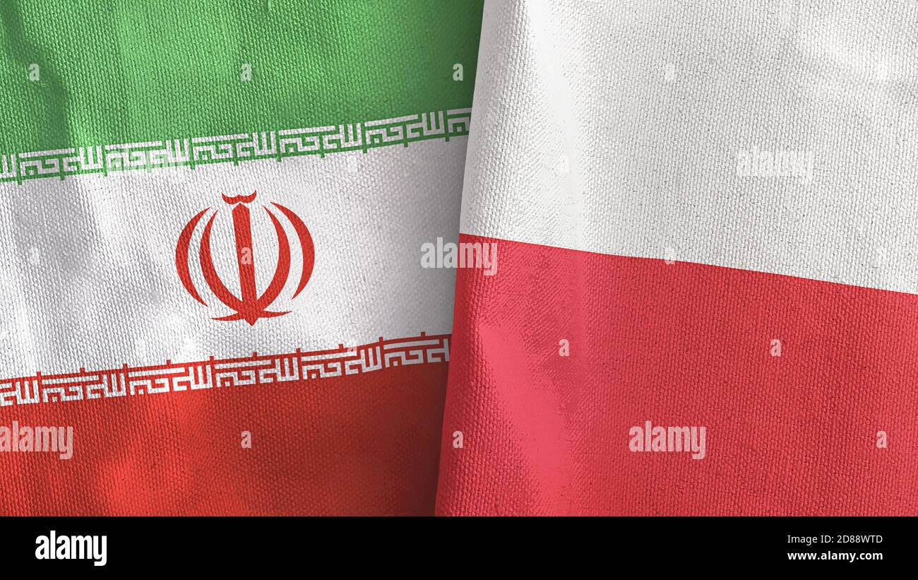 Pologne et Iran deux drapeaux textile tissu rendu 3D Banque D'Images