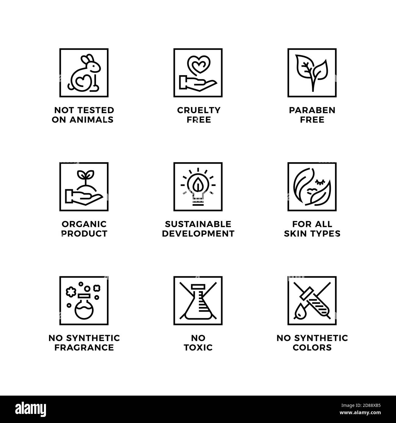 Ensemble vectoriel d'éléments de conception, de logo, d'icônes de modèle et de badges pour des cosmétiques naturels et biologiques. Sans cruauté, non testé sur les animaux, paraben f Illustration de Vecteur