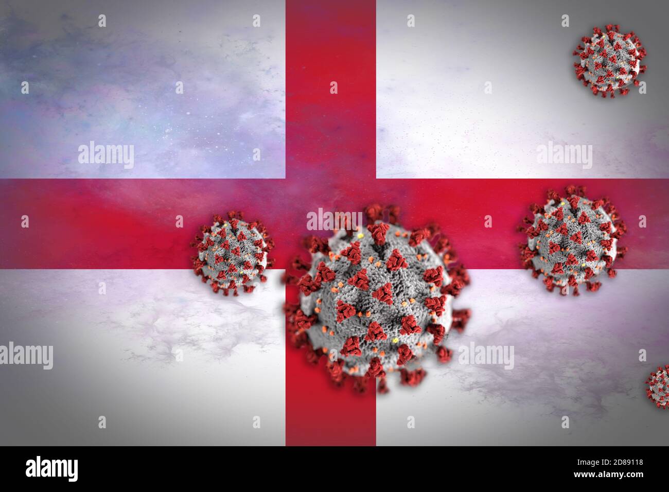 Illustration du concept de coronavirus ou de particules Covid-19 qui éclipsent le drapeau de l'Angleterre symbolisant l'éclosion. Banque D'Images