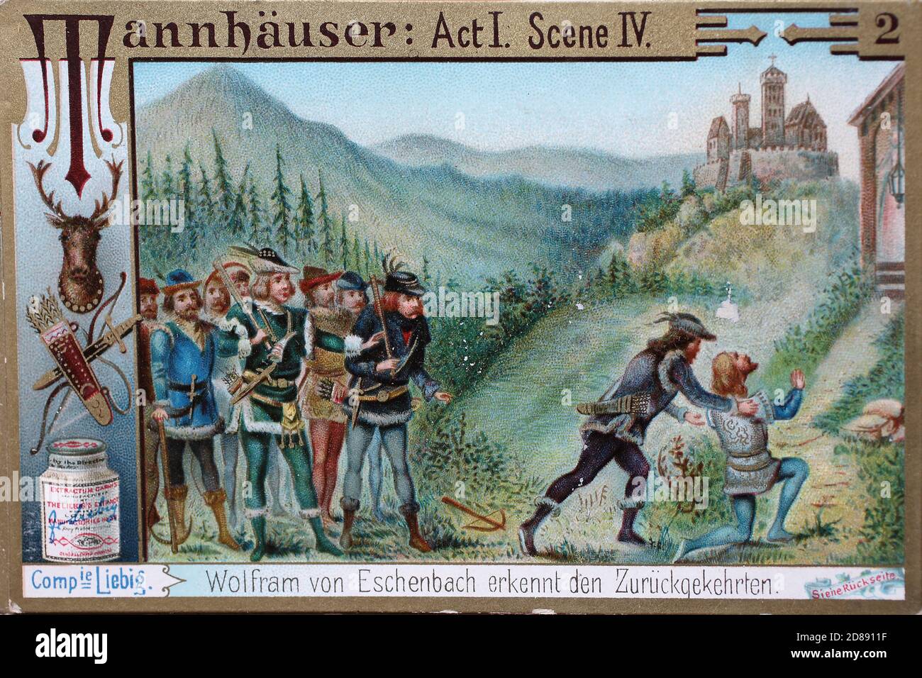 La série d'images Tannhäuser, Wolfram von Eschenbach reconnaît le retour / Bilderserie Tannhäuser, Wolfram von Eschenbach erkennt den Zurückgekehrten, Liebigbild, Digital Improved reproduction d'une image collectable de la société Liebig, estimée à partir de 1900, pd / digital verbesserte Reprodukeines, Sammebition des 1900, Sammebili, Banque D'Images