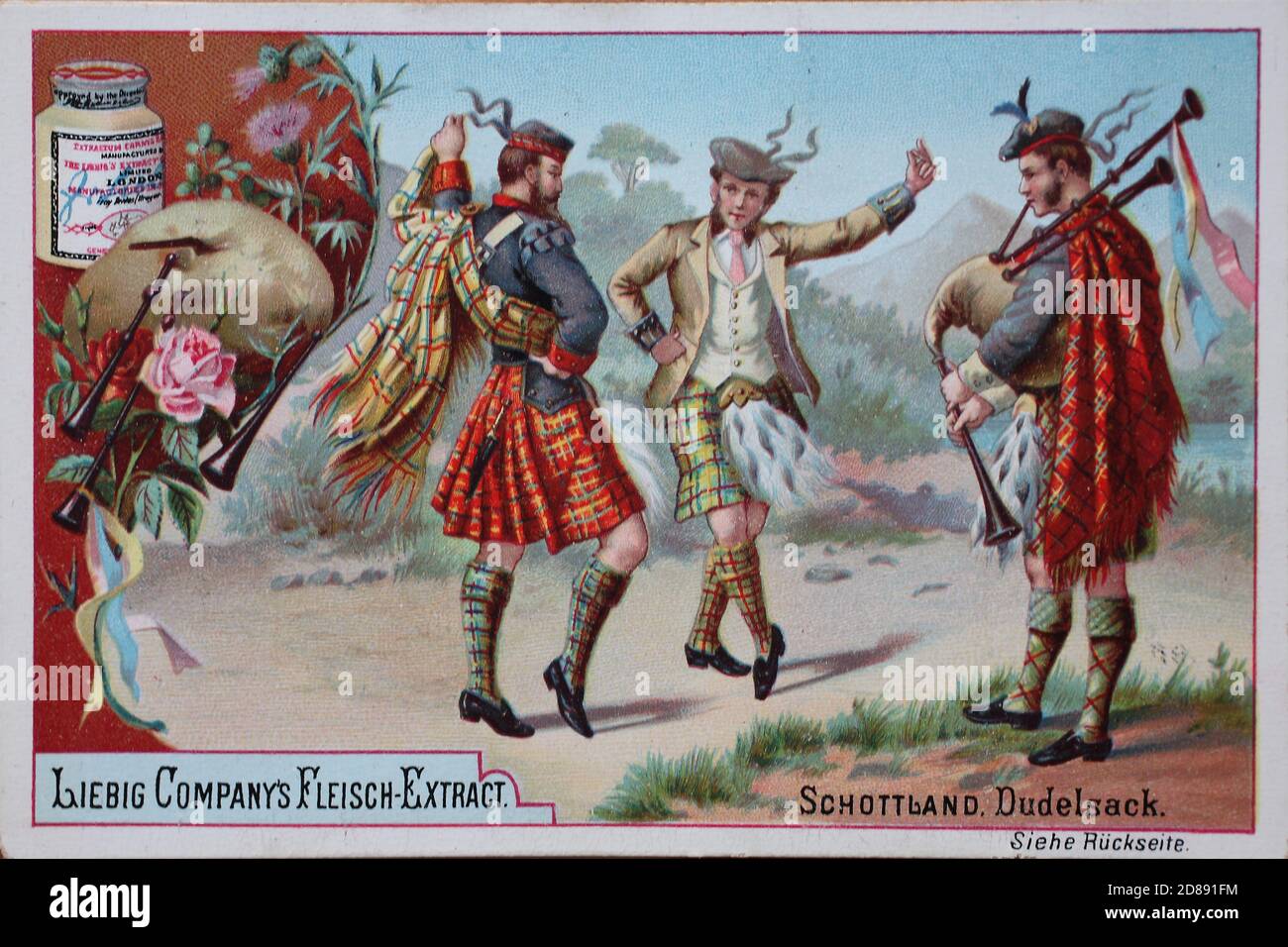 Série d'images instruments de musique, cornemuses d'Ecosse / Bilderserie Musikinstrumente, Dudelsack aus Schottland, Liebigbild, Digital Improved reproduction d'une image de collection de la société Liebig, estimé à partir de 1900, pd / digital verbesserte Reproduktion eines Sammelbildes von ca 1900, gemeinfrei, Banque D'Images