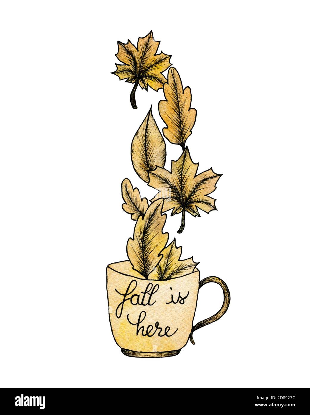 illustration d'automne avec tasse de café et des feuilles en chute, l'automne est ici concept créatif, dessin à la main rouillé couleur automnale design Banque D'Images