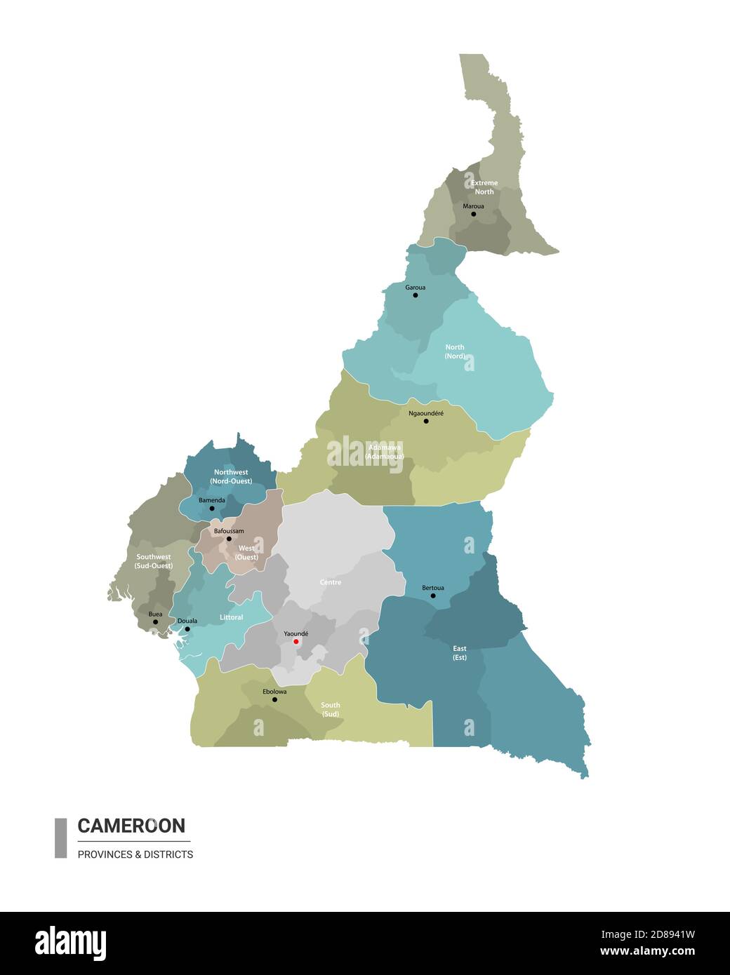 Carte détaillée de l'higt du Cameroun avec subdivisions. Carte administrative du Cameroun avec le nom des districts et des villes, colorée par les Etats et le dist administratif Illustration de Vecteur