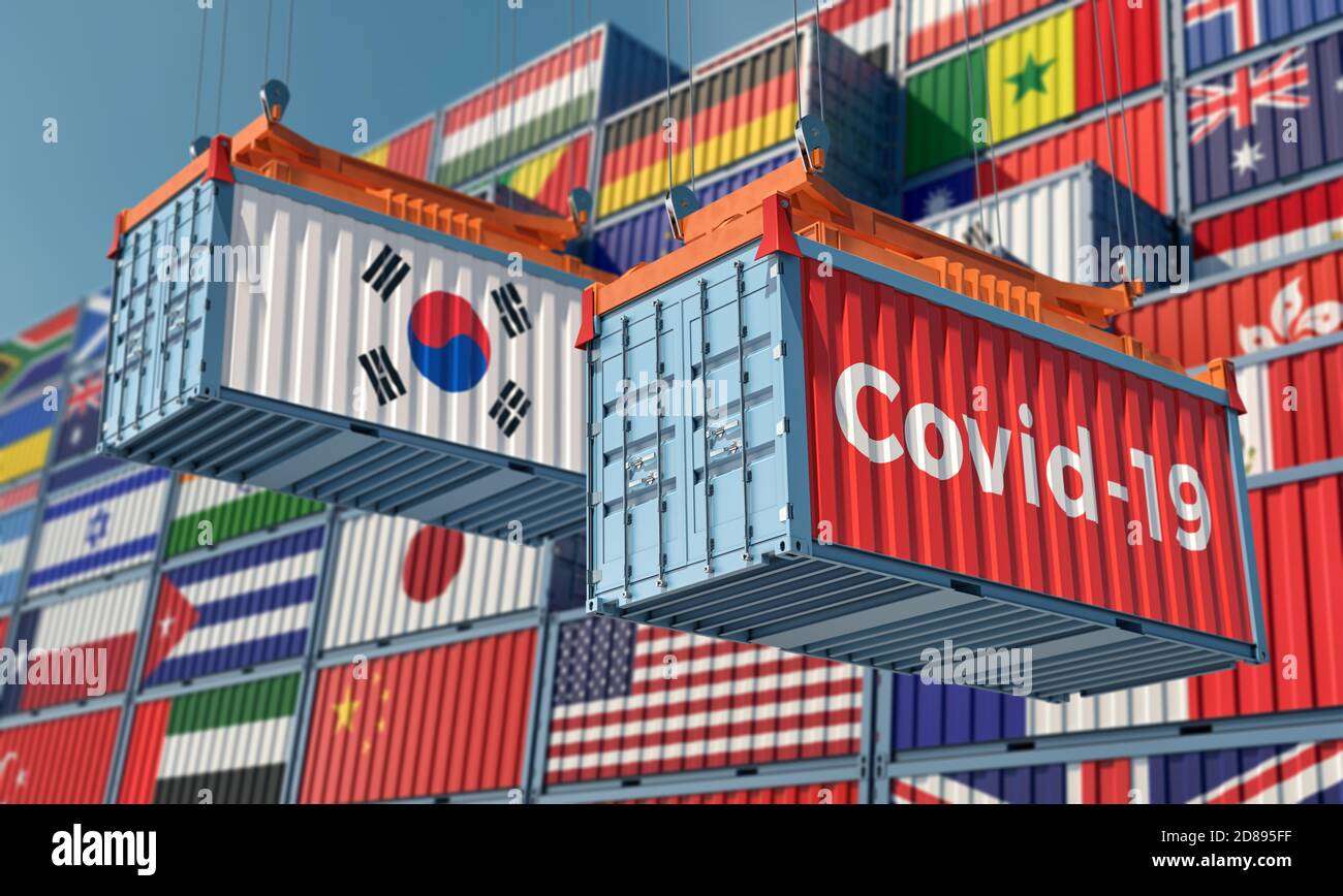 Contenant avec le texte Covid-19 du coronavirus sur le côté et contenant avec le drapeau de la Corée du Sud. Rendu 3D Banque D'Images