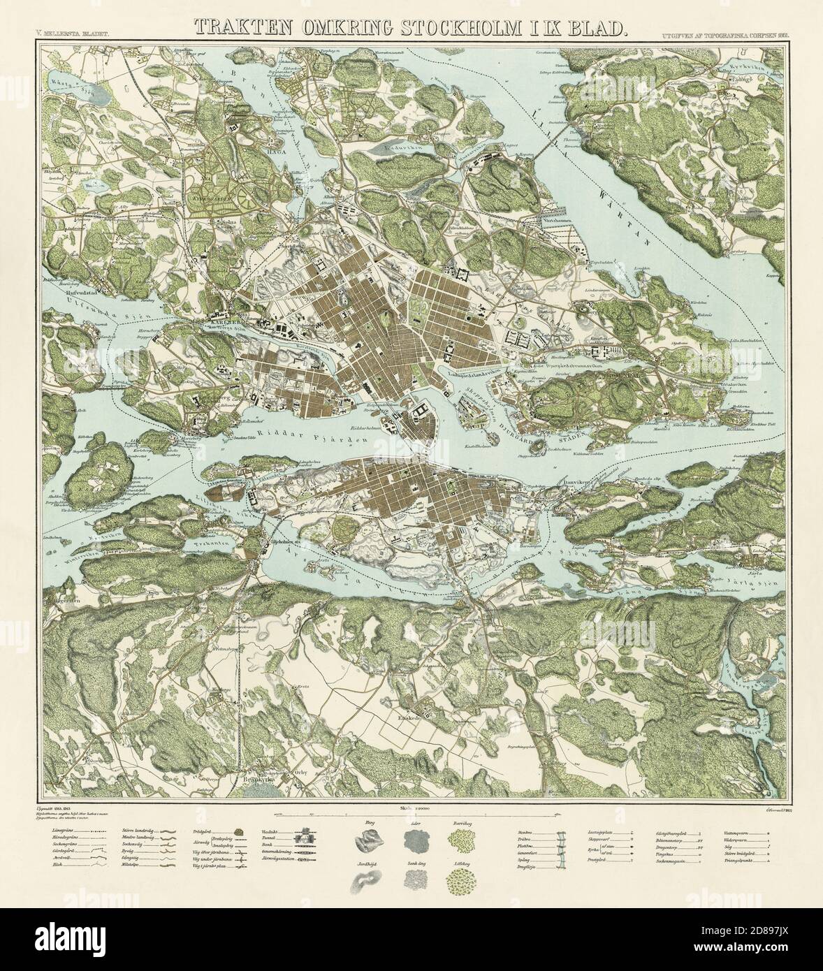 Carte de Stockholm, 'Trakten omkring Stockholm' 1861. Neuf cartes fait une carte complète de Stockholm. C'est la partie centrale de Stockholm. Ville de Stockholm. Banque D'Images