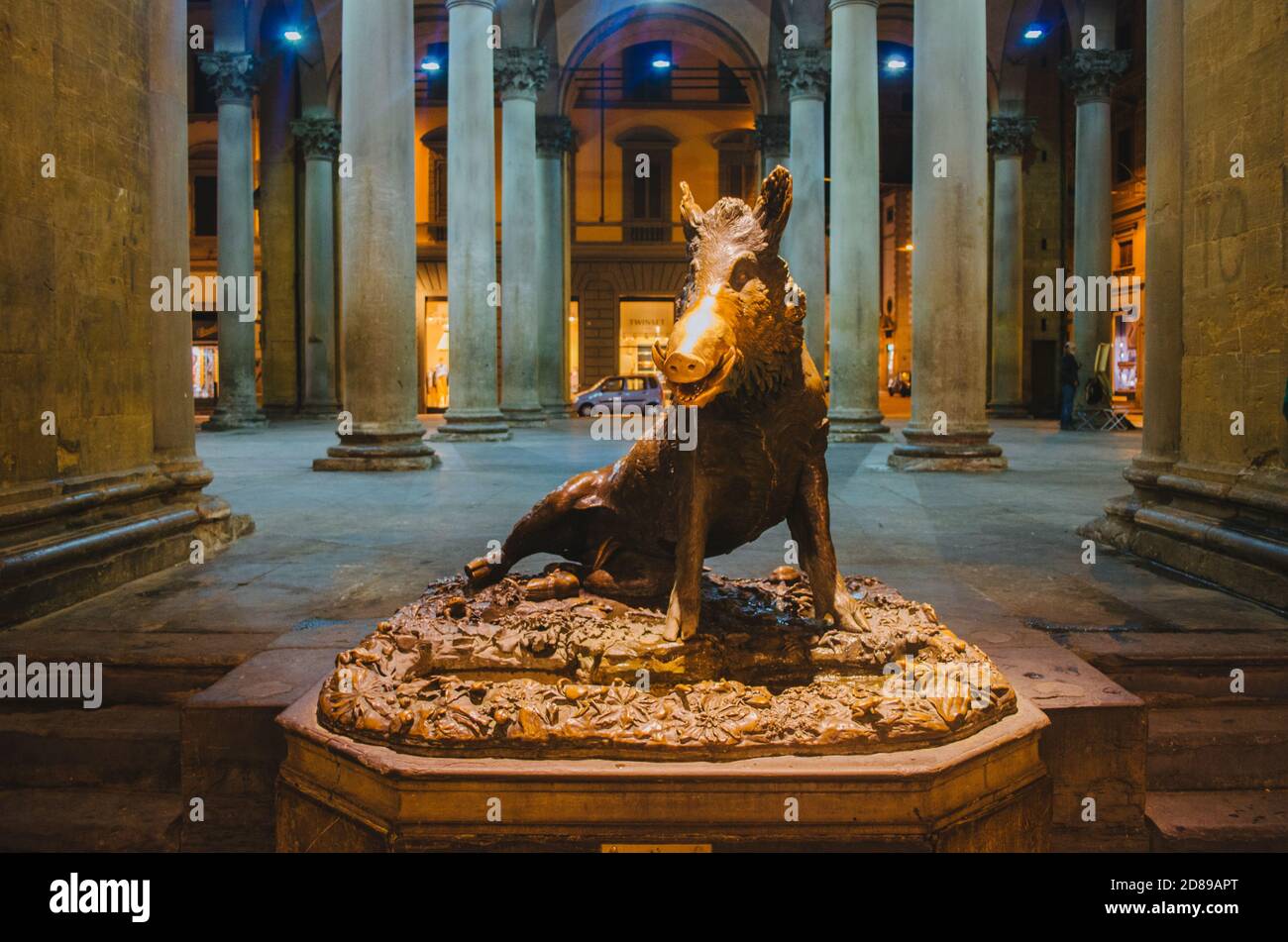 Florence, Italie - RÉPLIQUE de Fontana del Porcellino entourée de colonnes de marbre et éclairée le soir par des lumières incandescentes dans un m vide Banque D'Images