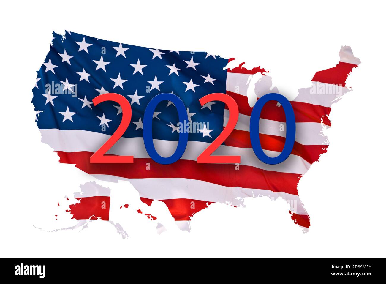 Drapeau américain sous la forme d'une carte américaine isolée sur fond blanc, concept de l'élection présidentielle de 2020 Banque D'Images