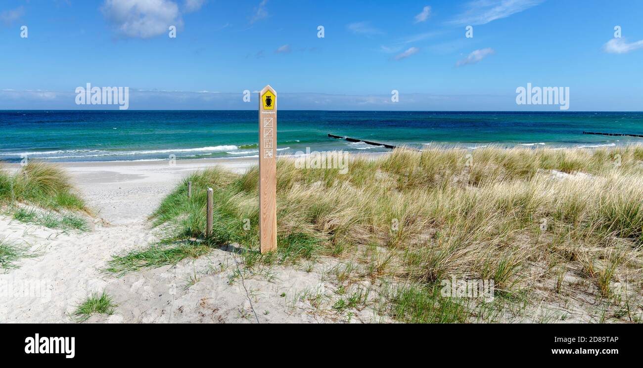 Accès à la plage du parc national de la région de la lagune de Poméranie occidentale sur la mer baltique avec panneau près de Zingst, Allemagne Banque D'Images