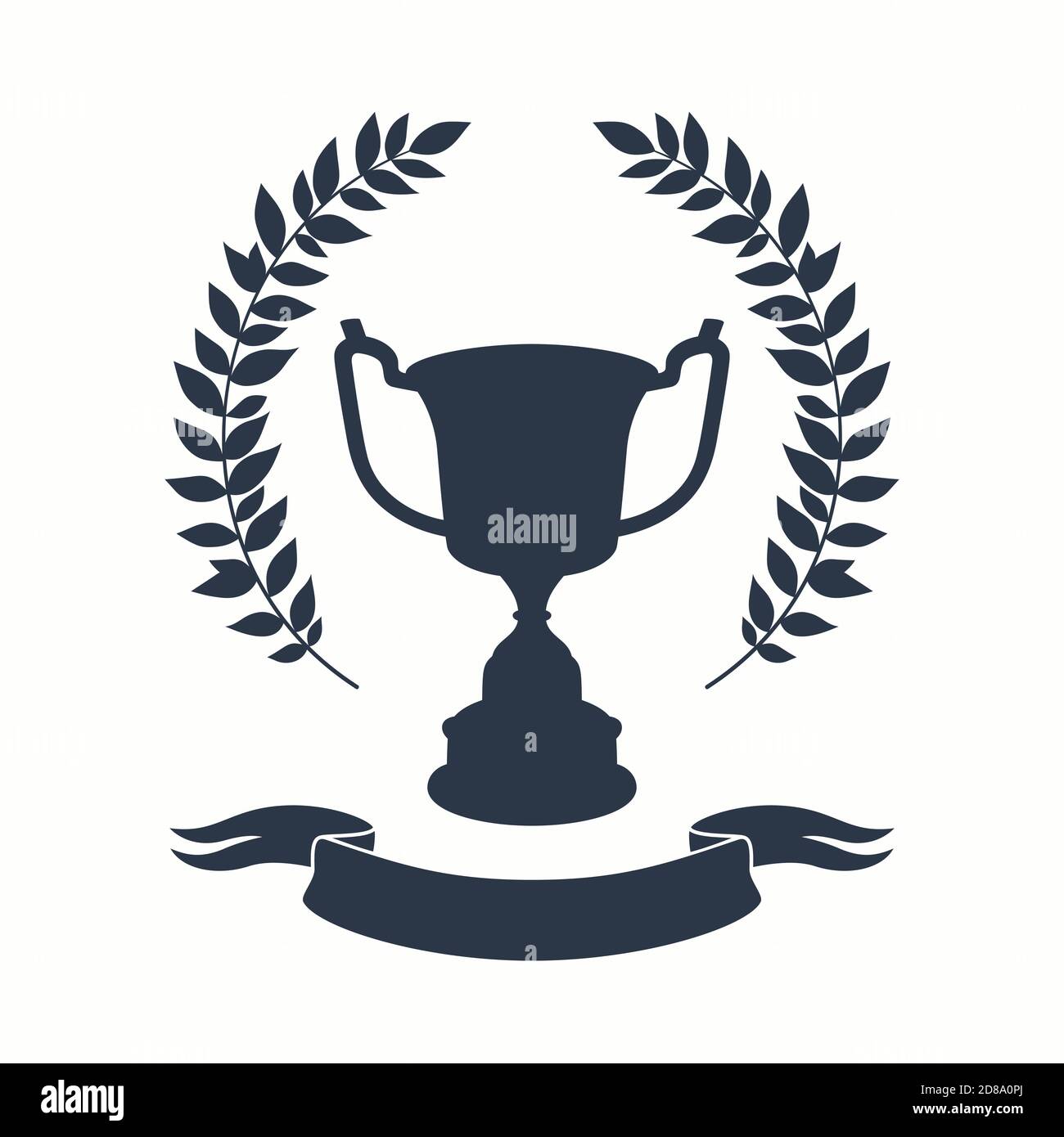 Coupe trophée. Silhouette noire de la coupe avec couronne de Laurier et ruban sur fond blanc Illustration de Vecteur