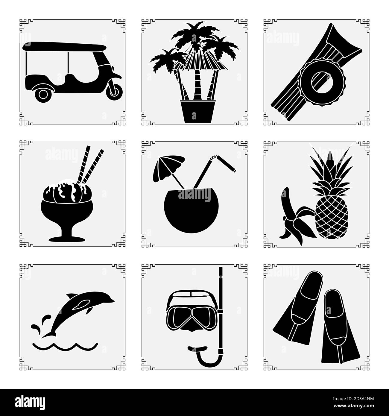 Jeu de symboles Thaïlande Illustration vectorielle Tuk-tuk, palmiers, anneau gonflable, matelas, crème glacée, cocktail, banane, ananas, dauphin, masque, tube, Illustration de Vecteur