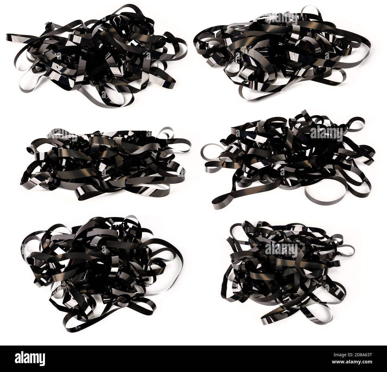 Collection d'images avec des piles de cassettes vidéo isolées sur fond blanc. Cassettes vidéo magnétiques. Banque D'Images