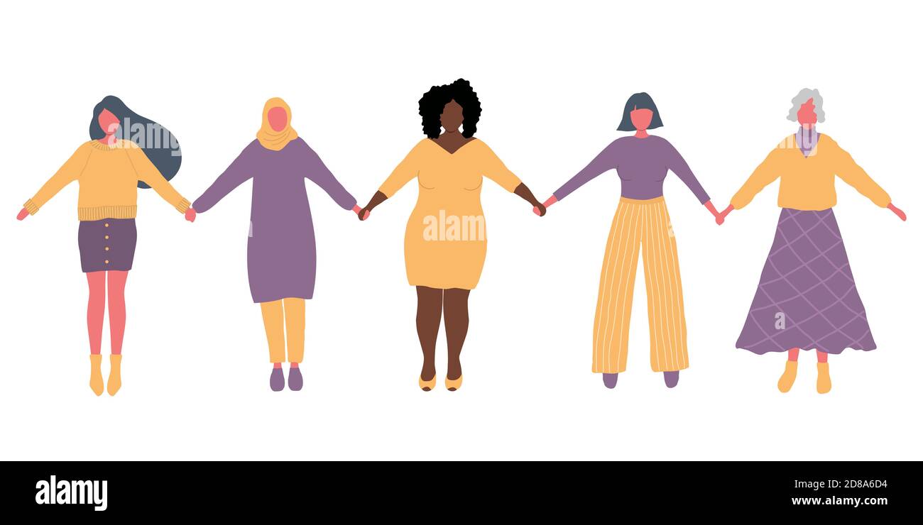 Les femmes tiennent les mains. Concept de la Journée internationale de la femme. Communauté des femmes. Solidarité féminine.silhouettes de différentes races, de différents âges Illustration de Vecteur