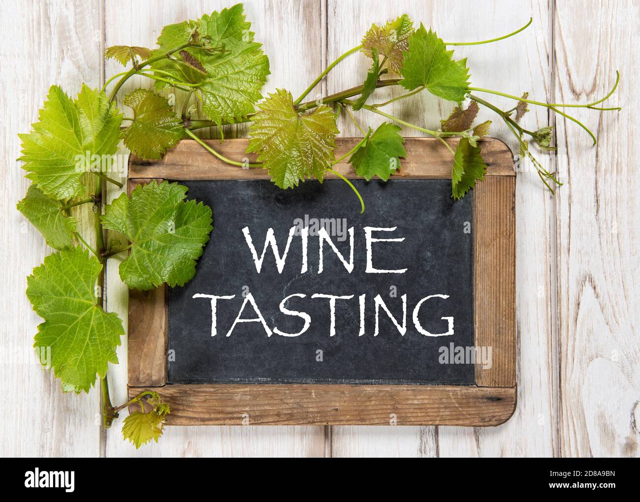 Dégustation de vins. Tableau noir avec décoration de feuilles de vigne vertes Banque D'Images