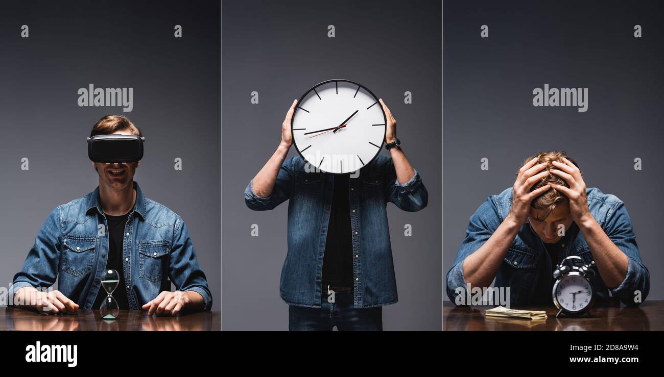 Collage d'un homme tenant une horloge près du visage, utilisant un casque vr près du sablier et assis près d'un réveil et de l'argent sur une table sur fond gris Banque D'Images