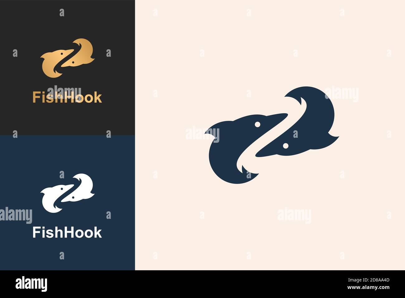 Double logo poisson, avec une queue en forme de crochet de poisson, concept de logo de pêche. Illustration de Vecteur