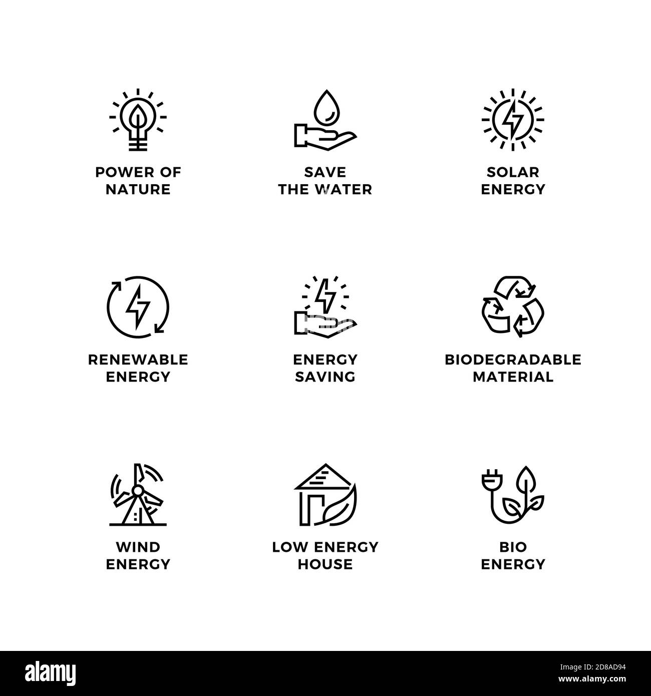 Ensemble vectoriel d'éléments de conception, modèle de conception de logo, icônes et badges pour l'énergie écologique. Jeu d'icônes de ligne, contour modifiable. Illustration de Vecteur