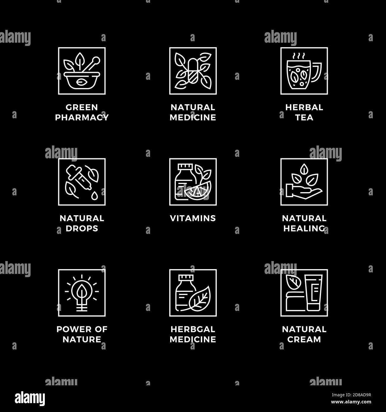 Ensemble vectoriel d'éléments de conception, modèle de conception de logo, icônes et badges pour la pharmacie biologique. Jeu d'icônes de ligne, contour modifiable. Illustration de Vecteur