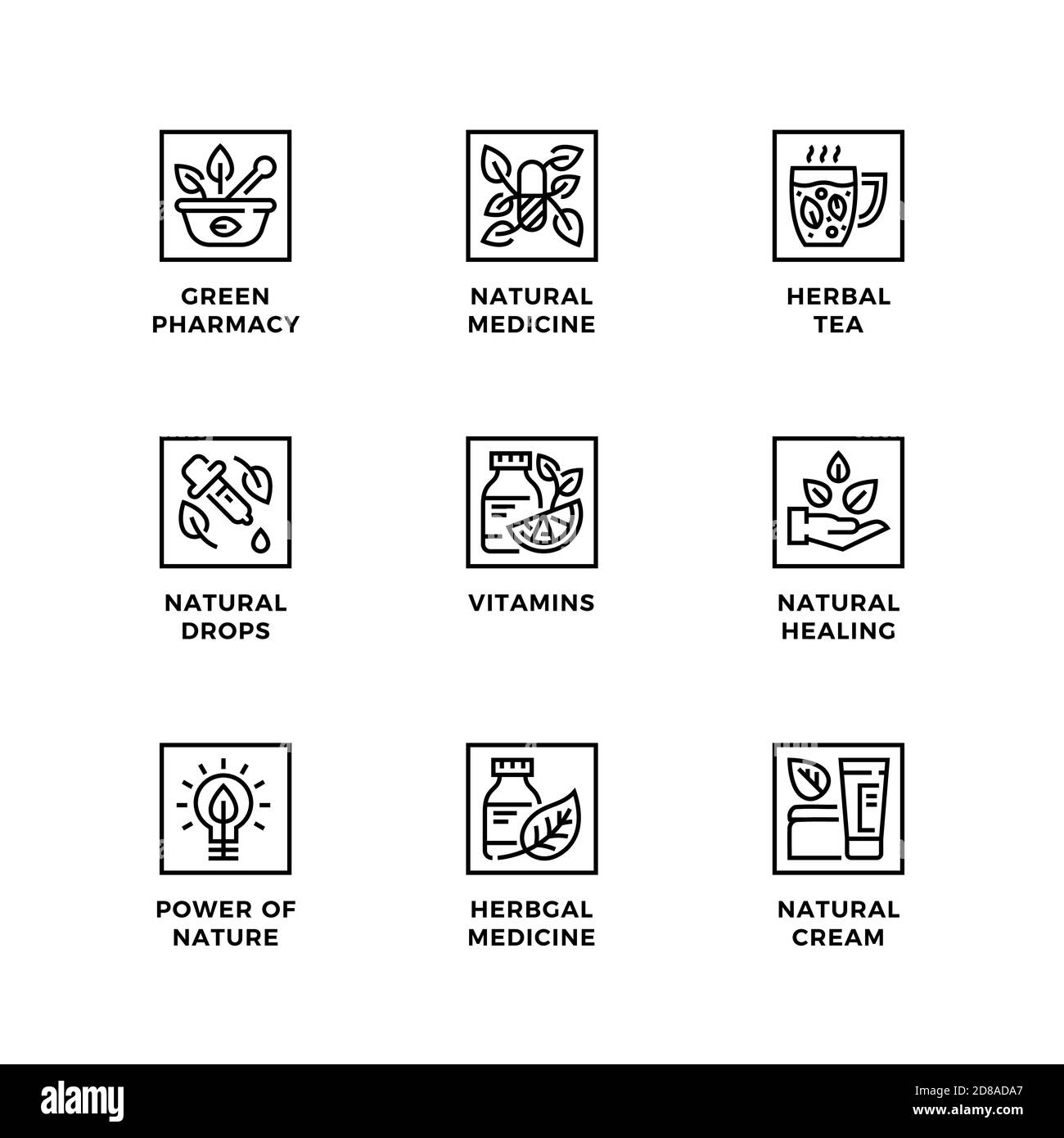 Ensemble vectoriel d'éléments de conception, modèle de conception de logo, icônes et badges pour la pharmacie biologique. Jeu d'icônes de ligne, contour modifiable. Illustration de Vecteur