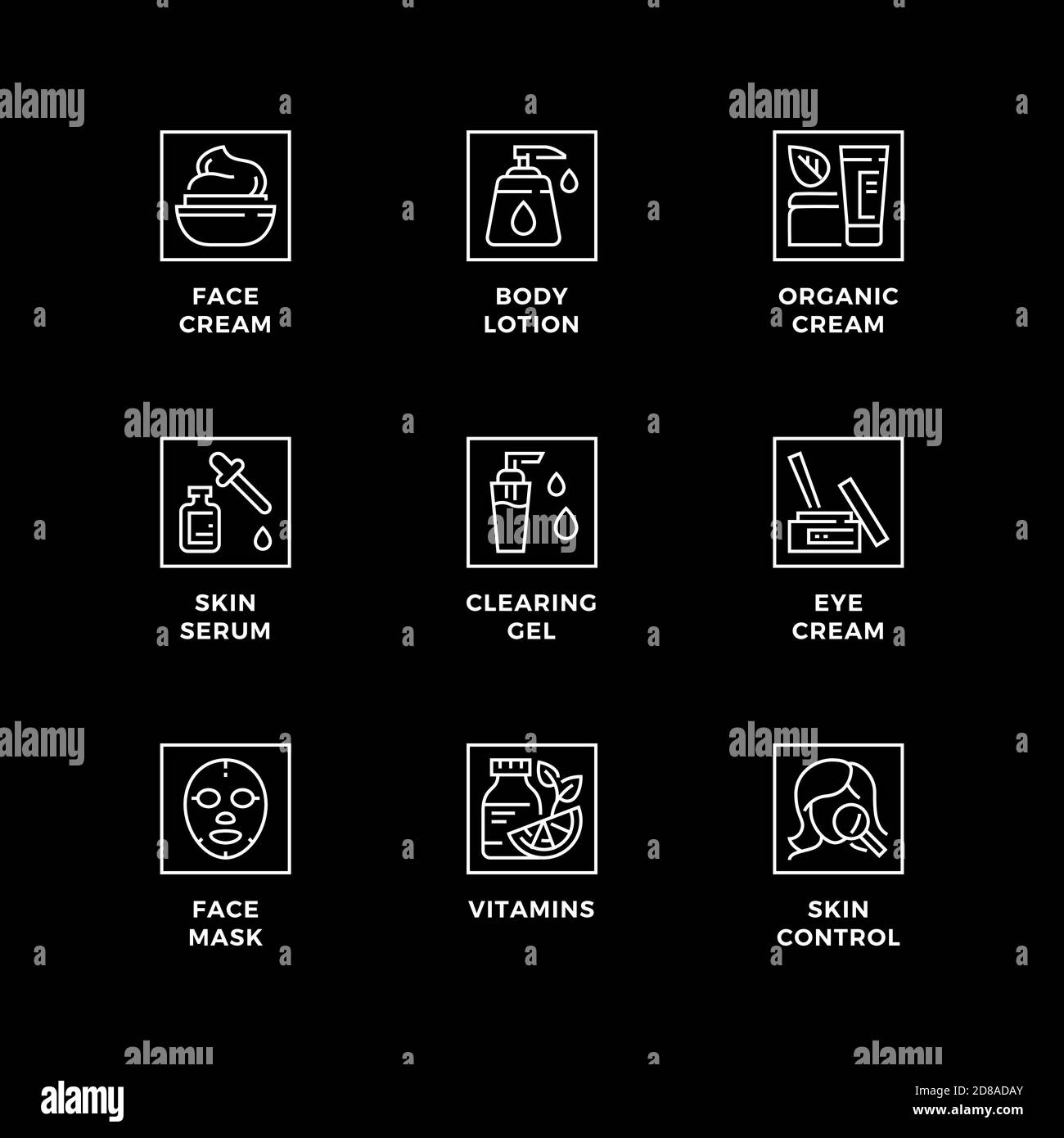 Ensemble vectoriel d'éléments de conception, modèle de conception de logo, icônes et badges pour le soin de la peau. Jeu d'icônes de ligne, contour modifiable. Illustration de Vecteur