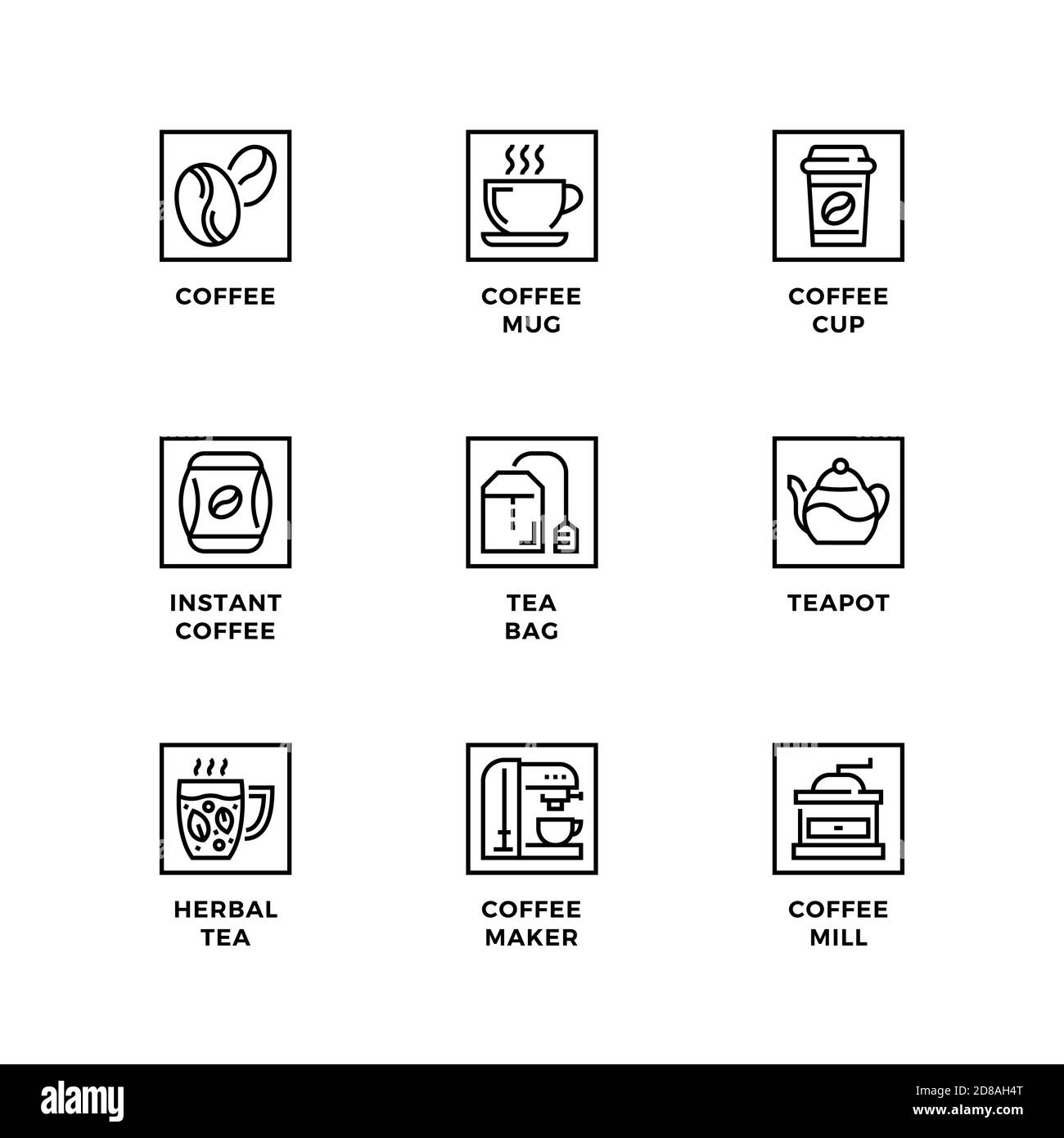 Ensemble vectoriel d'éléments de design, modèle de logo, icônes et badges pour le café et le thé. Jeu d'icônes de ligne, contour modifiable. Illustration de Vecteur Ensemble vectoriel d'éléments de design, modèle de logo, icônes et badges pour le café et le thé. Jeu d'icônes de ligne, contour modifiable. Illustration de Vecteur