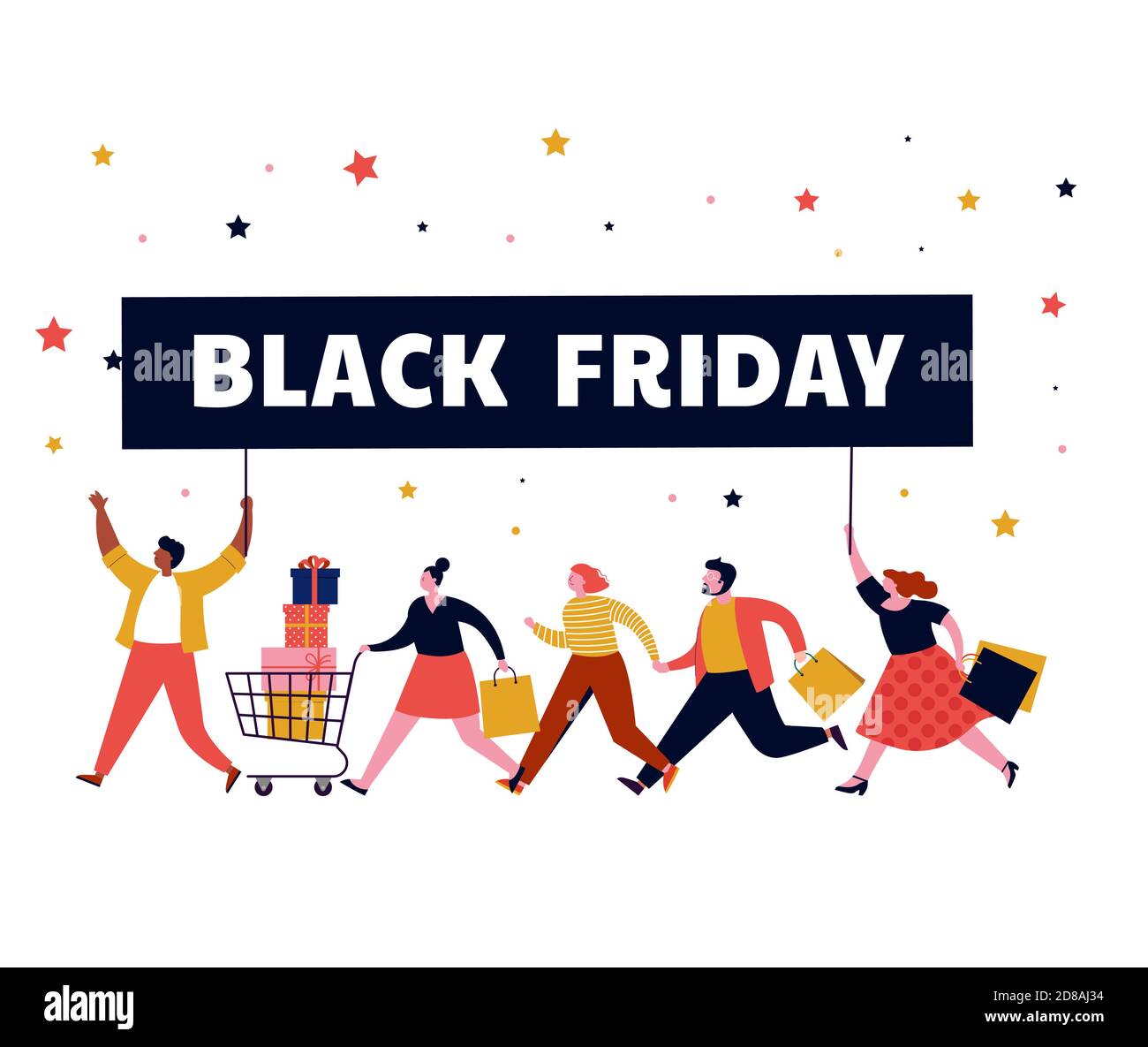 Black friday, méga bannière de vente, scène avec une foule, femmes et hommes courant avec des sacs de shopping. Concept de vente Illustration de Vecteur