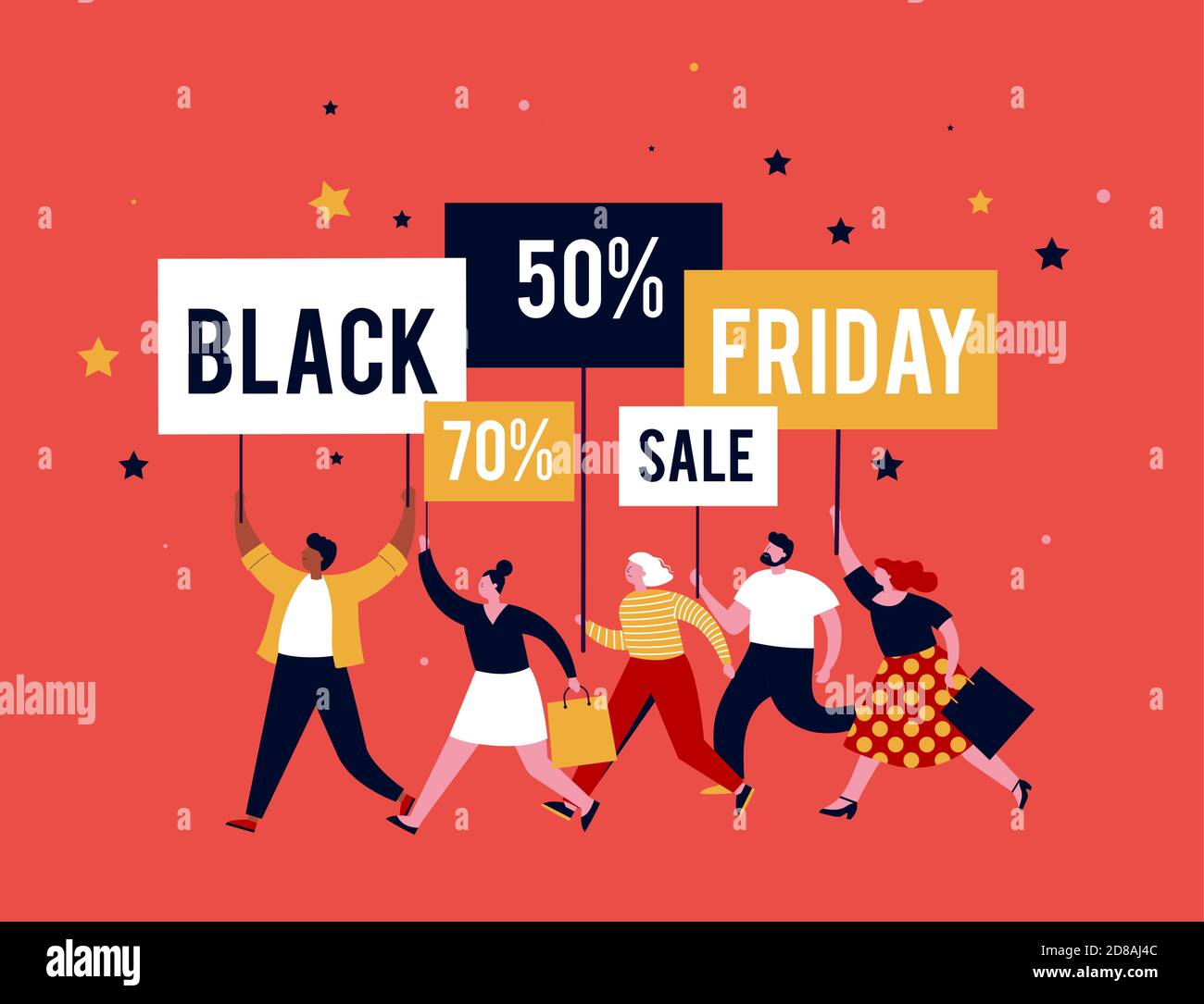 Black friday, méga bannière de vente, scène avec une foule, femmes et hommes courant avec des sacs de shopping. Concept de vente Illustration de Vecteur